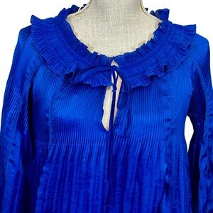 DIANE VON FURSTENBERG Women's Blue Ruffle Accordion Pleat Blouse Sz 4 Coquette